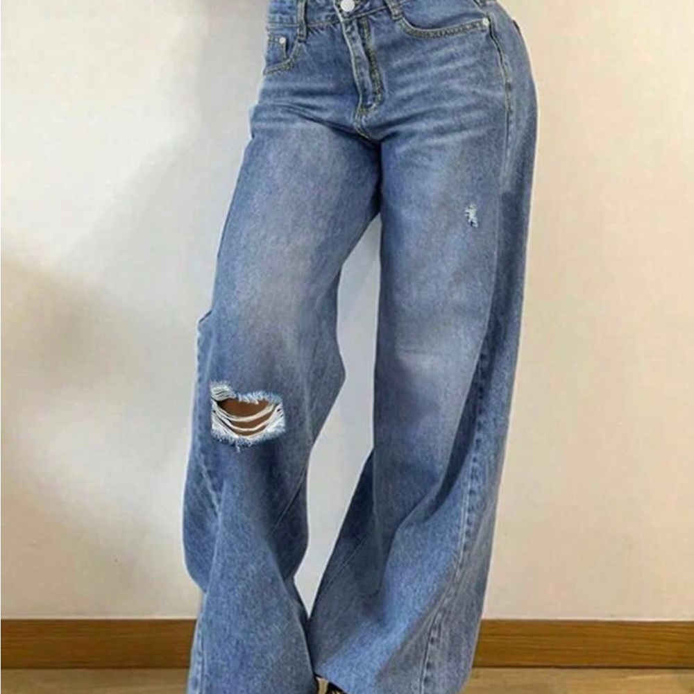 SHEIN High Rise Light Blue Distressed Jeans